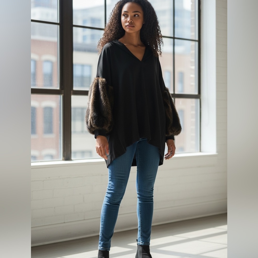 Vintage style Zara Black V-Neck Tunic with Faux-Fur Brown Balloon Sleeves - Picture 9 of 12